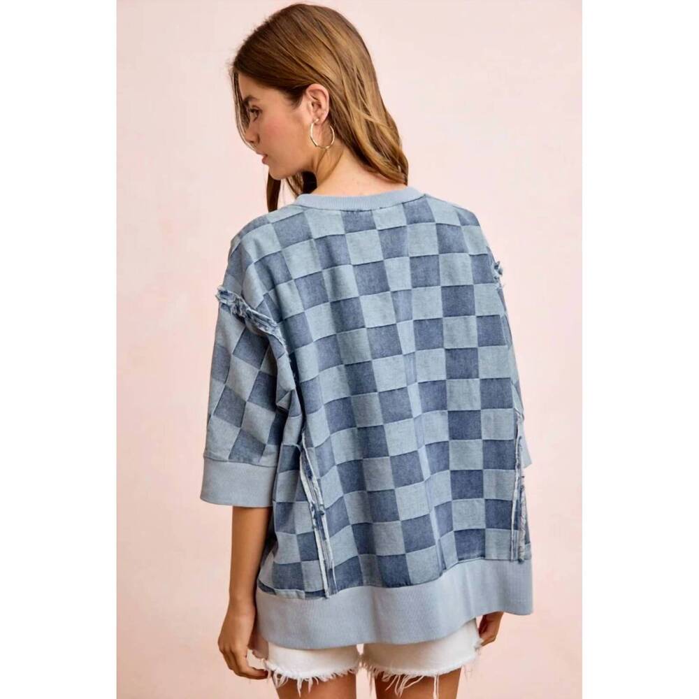 NEW BIBI open seam detail short sleeve top in blue - Picture 2 of 3